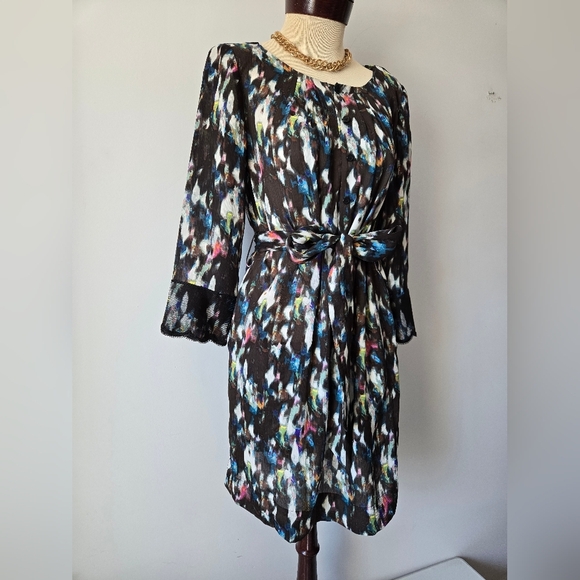 RACHEL ROY Watercolour Patterned Semi Sheer Lightweight Belted Dress. Size M - Picture 2 of 13